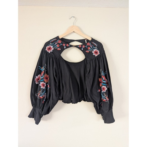 Free People Tops - Free People Embroidered Blouse XS Black Balloon Sleeve Boho Crop Floral Lolita